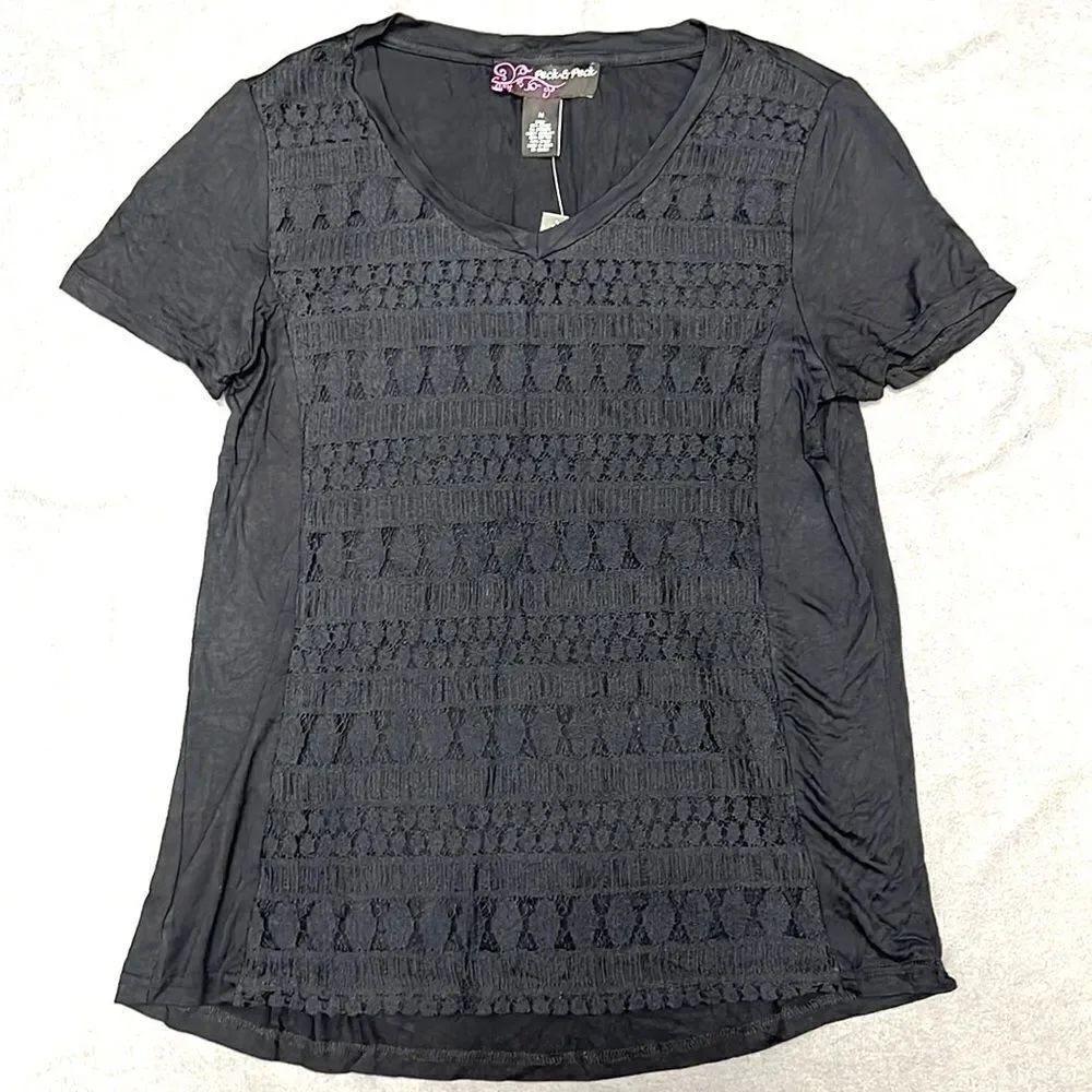 Peck & Peck Womens Black Club Med Lace Front Short Sleeve V-Neck Top Size Medium